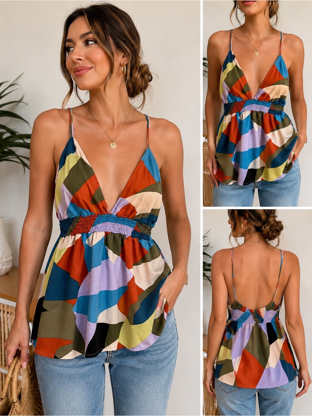 Blush BJ Women’s Multicolor Geometric Smocked Babydoll Cami Top Size M